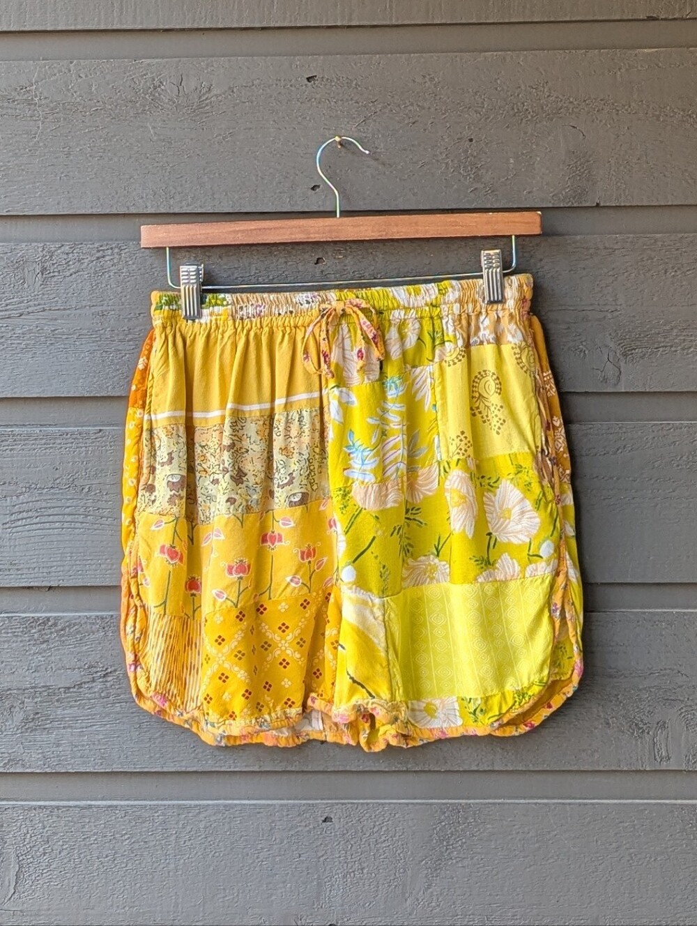 Earthbound Sunshine Yellow Boho Patchwork Drawstring Shorts Medium